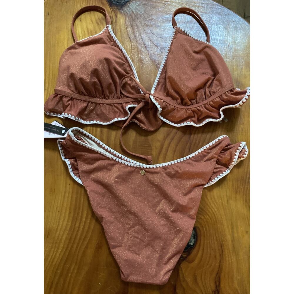 Victorias Secret Tan Shimmer Glitter Two Piece Swimsuit XXL Top M Bottom - Picture 2 of 11